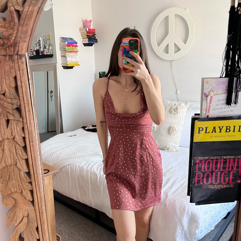 nasty gal. never worn. silk polka dot mauve cocktail dress. open back. size 2.